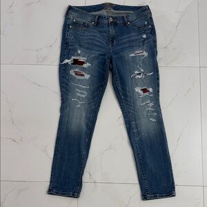 Torrid Blue Distressed Skinny Jeans with Red Accents